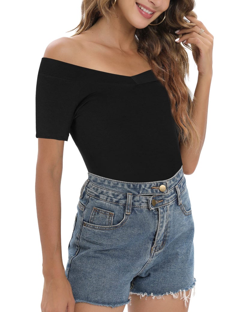 Sarin Mathews Womens Off The Shoulder Short Sleeve Tops Slim Fit Blouse Shirts Black XL - Image 2